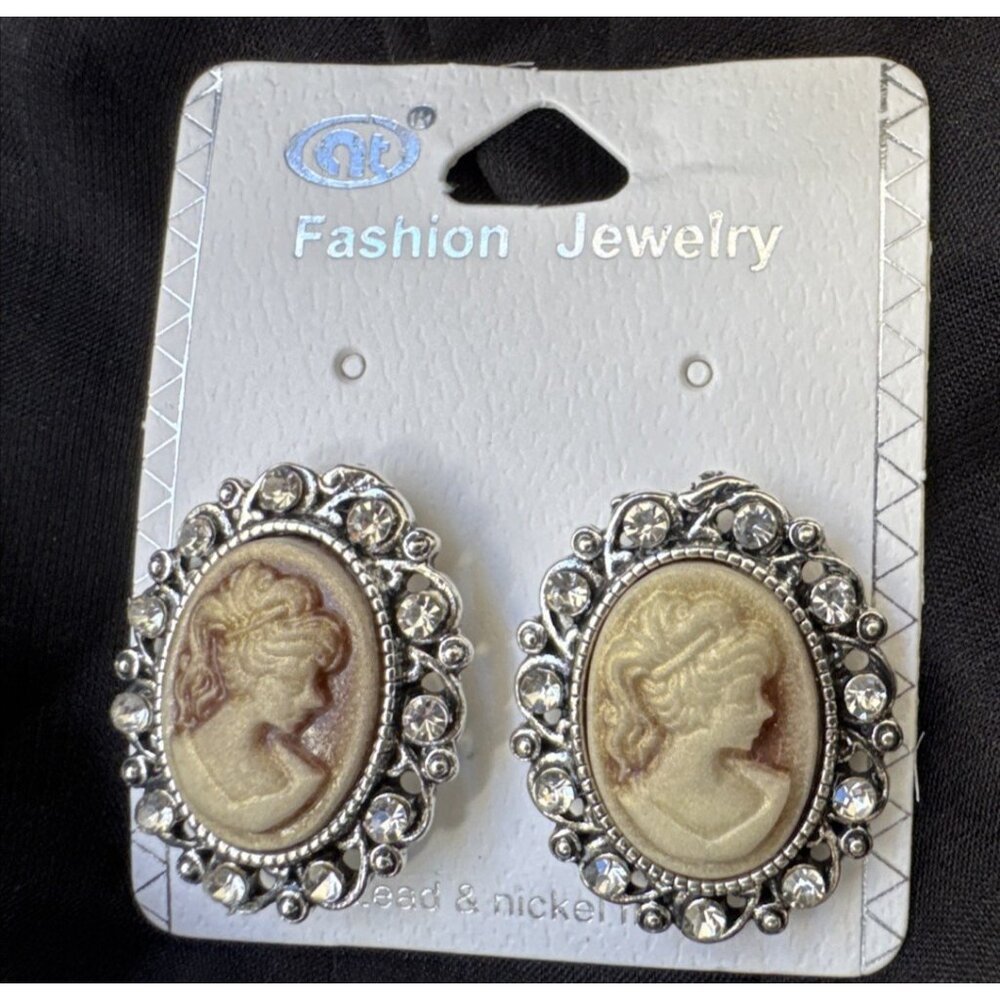 Classic Bone Cream Tan Cameo CZ Silver Tone Oval Earrings NEW
